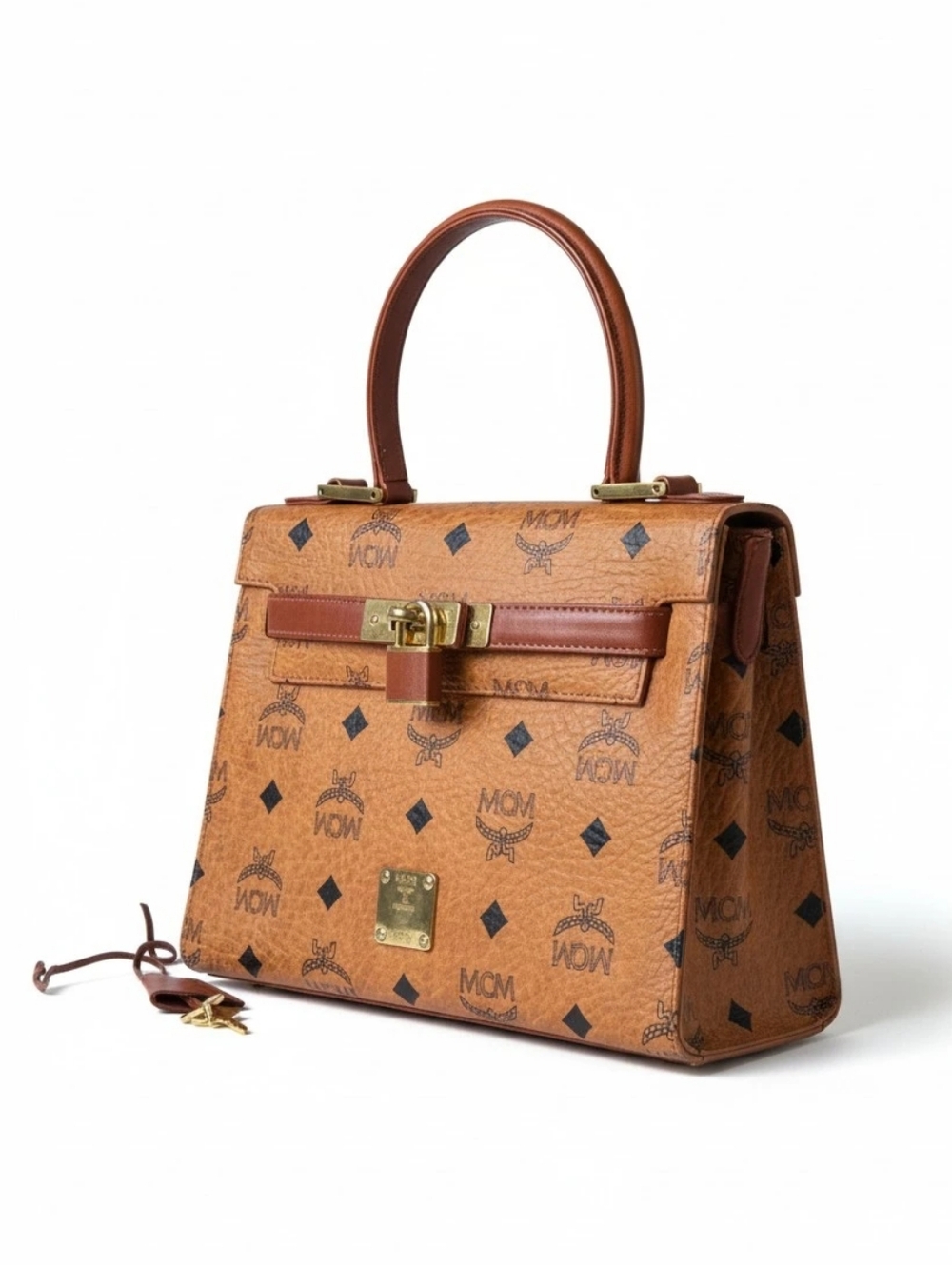 MCM Visetos Heritage Top-Handle Satchel In Cognac with Gold Hardware
